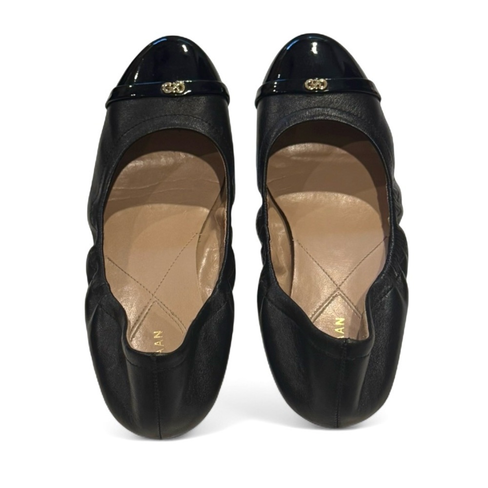 Cole Haan Black Leather Ballet Flats with Patent Cap and Gold Details